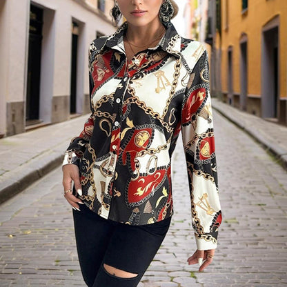 Women's Lapel Long Sleeve Shirt - Fitted Cut Intricate Print Button-Up Design Casual