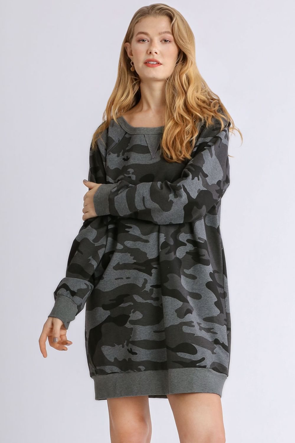 Umgee Full Size Camo Print Ribbed Hem French Terry Mini Dress Plus