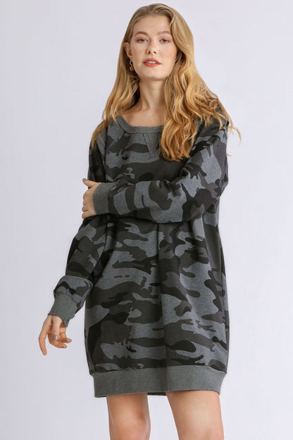 Umgee Full Size Camo Print Ribbed Hem French Terry Mini Dress Plus