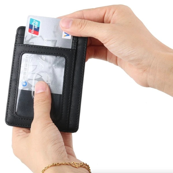 Men’s Slim Leather Wallet – RFID Blocking Credit Card Holder with ID Window & Money Pocket (PU, USA Style)