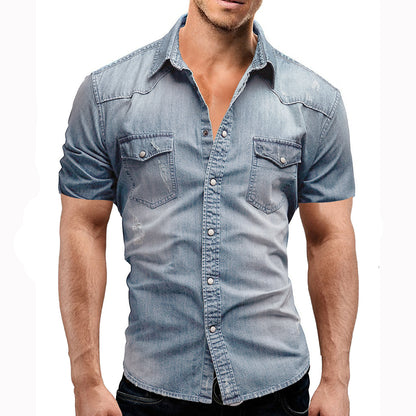Casual Solid Color Men's Denim Short Sleeve Shirt