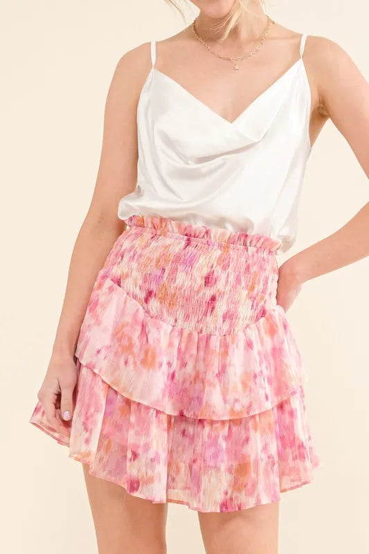 And The Why Printed Lurex Smocked Waist Tiered Skort