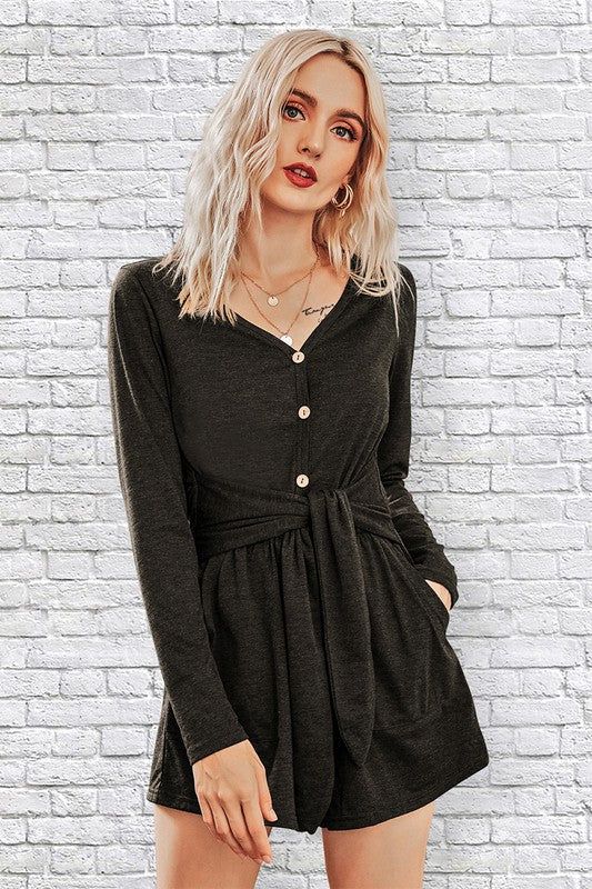 Button Down V Neck Solid Romper