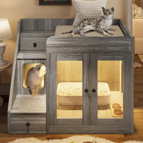 GO Cat Litter Box Enclosure With Light , Hidden Litter Box Furniture With 2 Storage Drawers, Indoor Cat House Side Table For Living Room