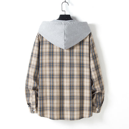 Men's Casual Plaid Long Sleeve Hooded Shirt
