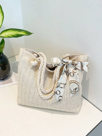 Women’s Woven Straw Tote Bag – New Style Large Capacity Handbag with Silk Scarf