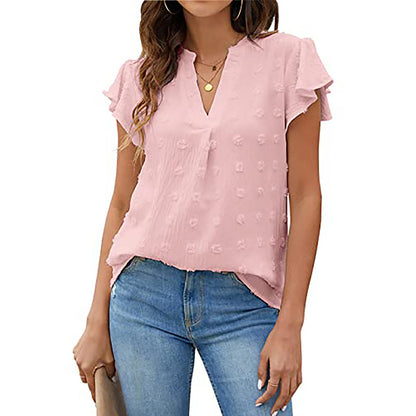 Women's V Neck Ruffle Short Sleeve Blouse Business Office Casual Top Shirts