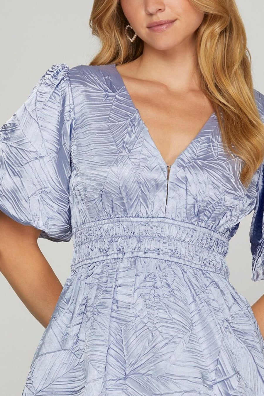 She + Sky Crinkle Woven V-Neck Balloon Sleeve Mini Dress
