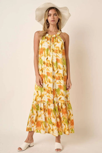 Mittoshop Watercolor Print Halter Neck Satin Maxi Dress