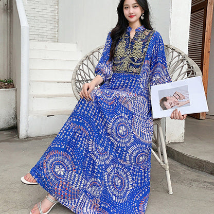 Ethnic Style Dress, Women's Summer Cotton Silk Floral Print