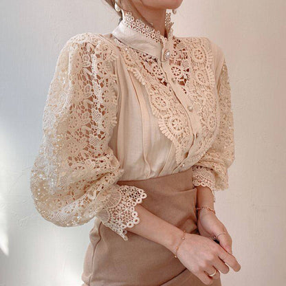 Elegant Women's Vintage Pearl Button Lace Blouse