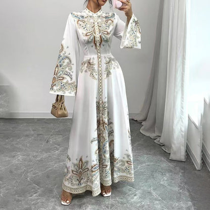 Elegant High-Neck Floral Maxi Dress - Long Flowy Sleeves, Modest A-Line Middle Eastern Style Gown Vacation & Party Dress For Women