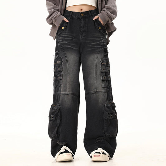 Washed Hole Denim Overalls Men