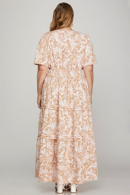 She + Sky Printed Notched Woven Tiered Pintuck Maxi Dress with Side