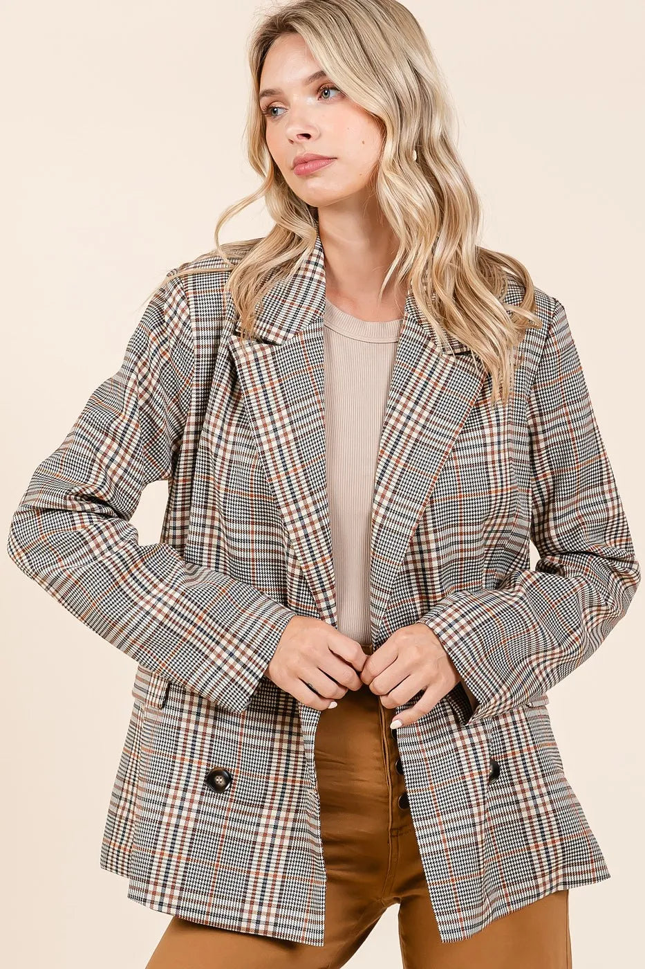 Mittoshop Plaid Double Breasted Relaxed Fit Blazer