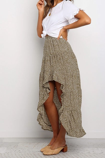 Boho Floral Print Midi Skirt Casual Side Slit Skir