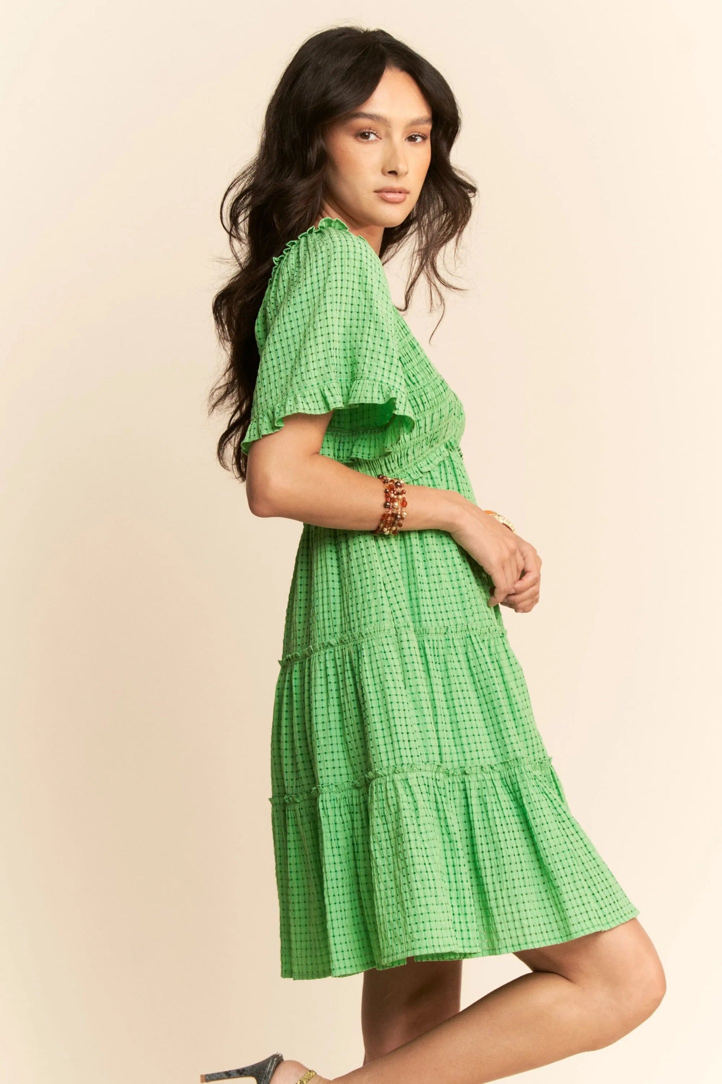 Davi & Dani Jacquard Checker Smocking Tiered Dress