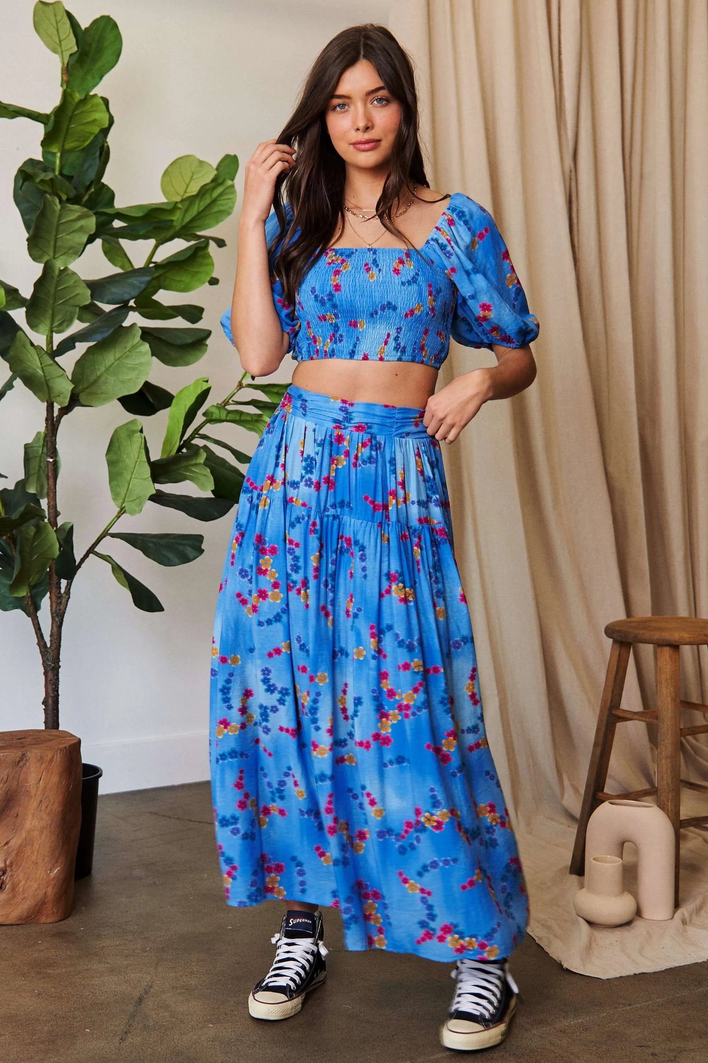 Davi & Dani Smocing Bodice Puff Short Sleeve Printed Crop Top