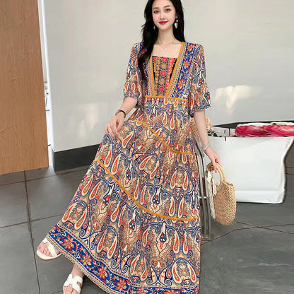 Summer Vintage Cotton Silk Ethnic Style Embroidered Dress Women