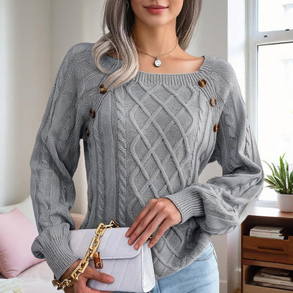 Women's Solid Color Casual Square Neck Button-Detail Knit Top - Textured Ribbed Pattern, Cozy Sweater