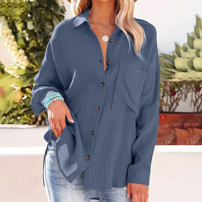 Women's Solid Color V-Neck Long Sleeve Blouse - Textured Button-Up Shirt