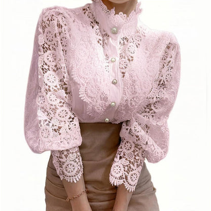 Elegant Women's Vintage Pearl Button Lace Blouse