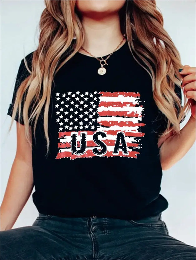 USA Flag Graphic Print Solid T-Shirt