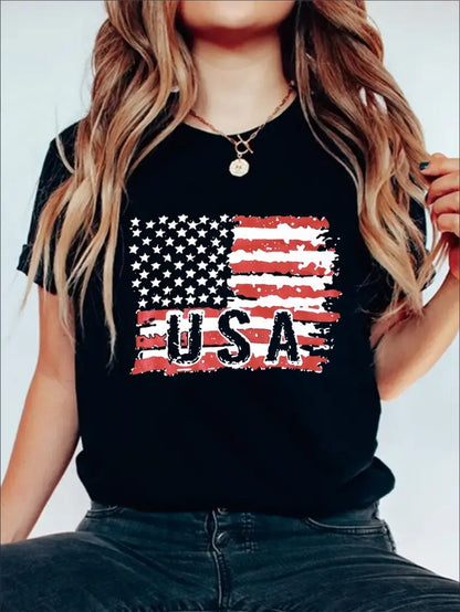 USA Flag Graphic Print Solid T-Shirt