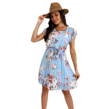 American Floating Sleeves Cinched Pleated Dress