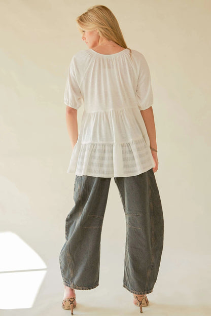 Davi & Dani Ruffled Flared Short Sleeve V Neck Blouse