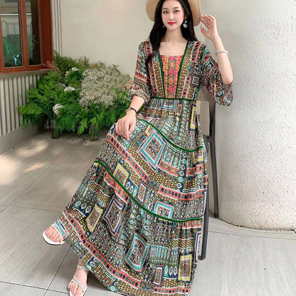 Summer Vintage Cotton Silk Ethnic Style Embroidered Dress Women