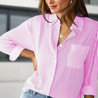 Women's Elegant Striped Long Sleeve Shirt - Pointed Lapel Collar With Chest Pocket