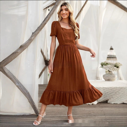 Women's Clothing Round-neck High Waist Solid Color Casual Patchwork Long Dress Women