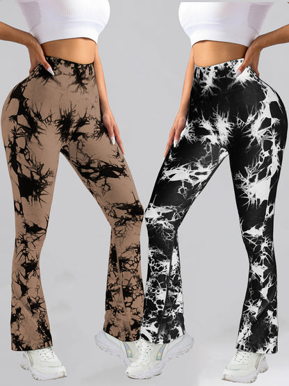 2 Pack Tie Dyed High Waisted Flared Butt-lifting Fitness Sports Women's Yoga Bell-bottom Pants