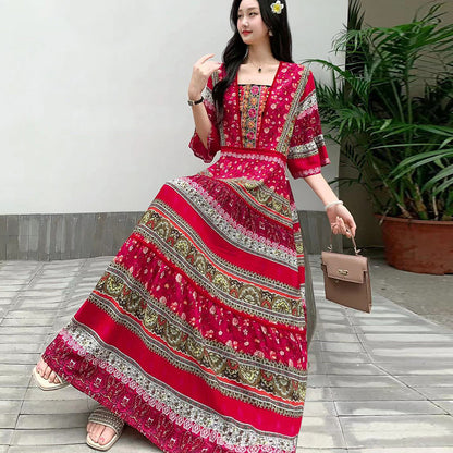 Summer Vintage Cotton Silk Ethnic Style Embroidered Dress Women