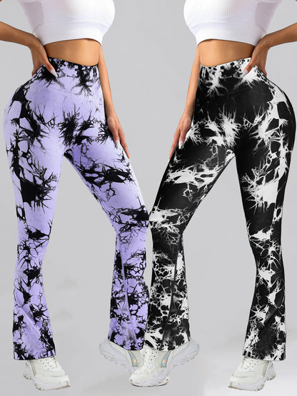 2 Pack Tie Dyed High Waisted Flared Butt-lifting Fitness Sports Women's Yoga Bell-bottom Pants