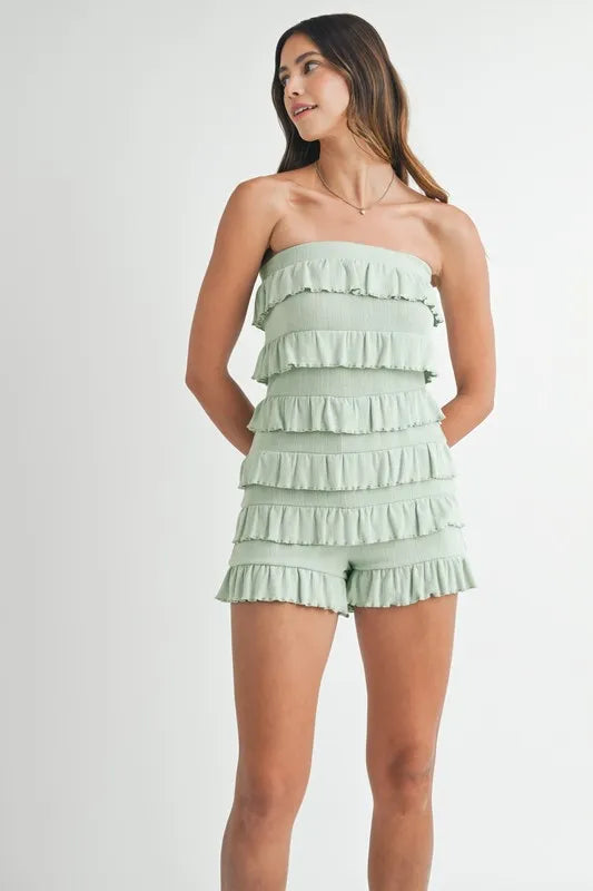 MABLE Pointelle Knit Fabric Ruffled Tube Romper
