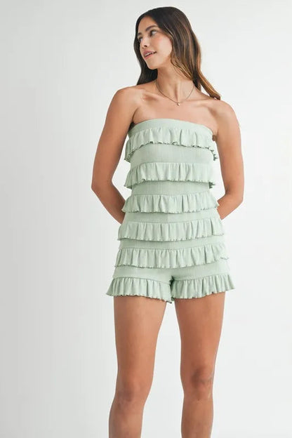 MABLE Pointelle Knit Fabric Ruffled Tube Romper