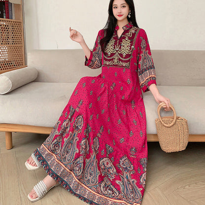 Ethnic Style Dress, Women's Summer Cotton Silk Floral Print
