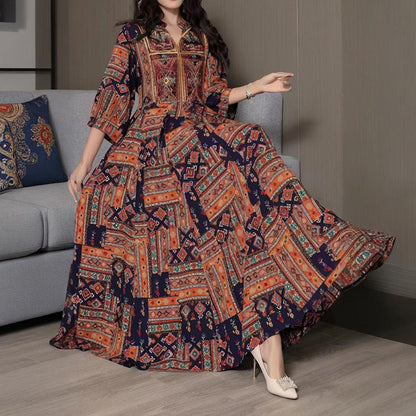 Women's Middle Eastern Style Long Sleeve Dress - Geometric Print V-Neck Embroidered Maxi Dress Boho Vacation Dress