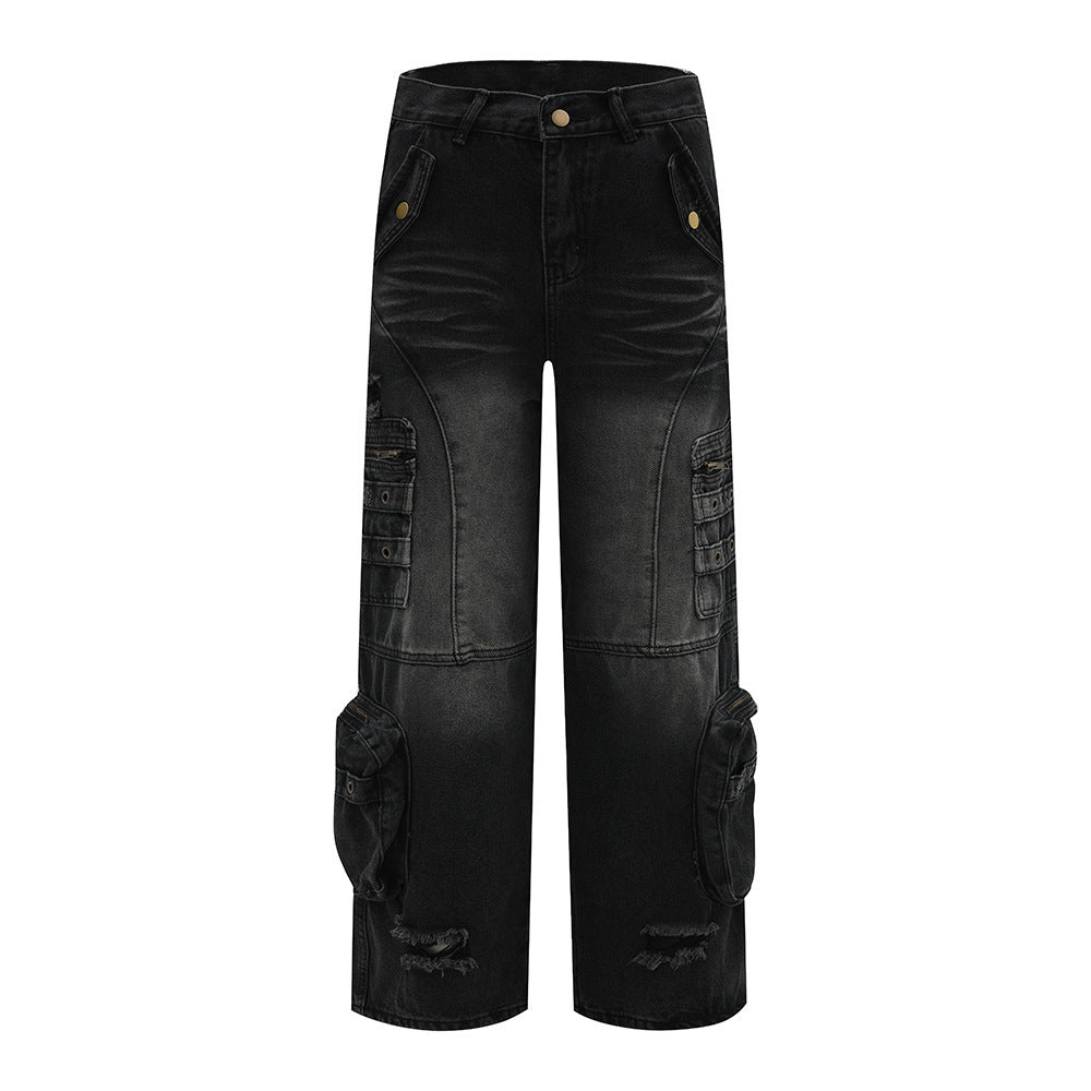 Washed Hole Denim Overalls Men