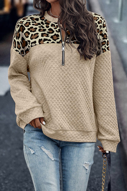 Leopard Print Stitching Zipper Sweatshirt for Women