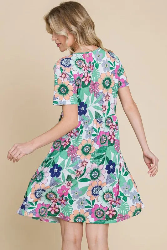 BOMBOM Ruched Floral V-Neck Short Sleeve Dress