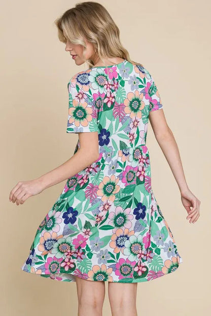 BOMBOM Ruched Floral V-Neck Short Sleeve Dress