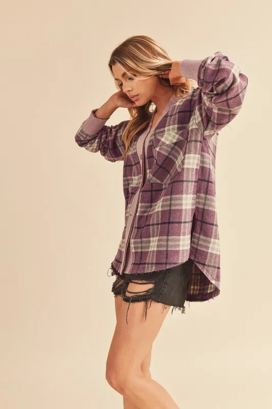 Aemi + Co Side Slit Patch Pocket Plaid Button Down Jacket