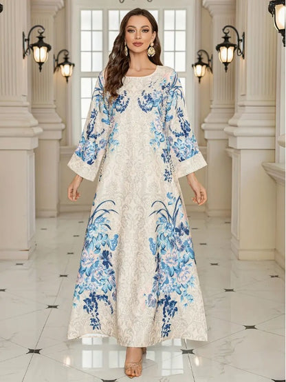 Elegant Floral Print Long Sleeve Abaya Dress