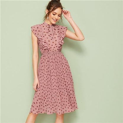 Elowyn Tie‑Neck Pleated Dress