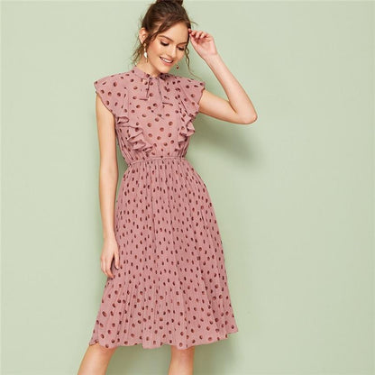 Elowyn Tie‑Neck Pleated Dress