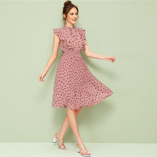 Elowyn Tie‑Neck Pleated Dress