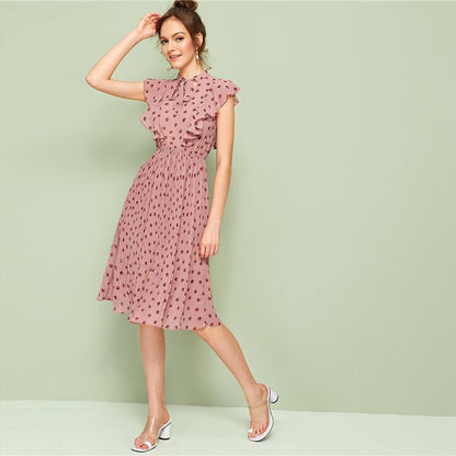 Elowyn Tie‑Neck Pleated Dress